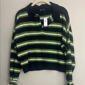 GAP Navy and Green Striped Polo Sweater